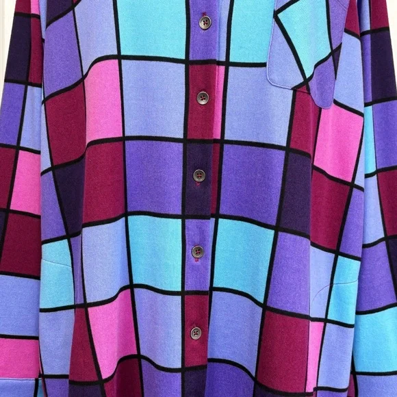 Denim & Co. Bold Colorful Check Print Knit Button Down Tunic Shirt 1X - Picture 6 of 16